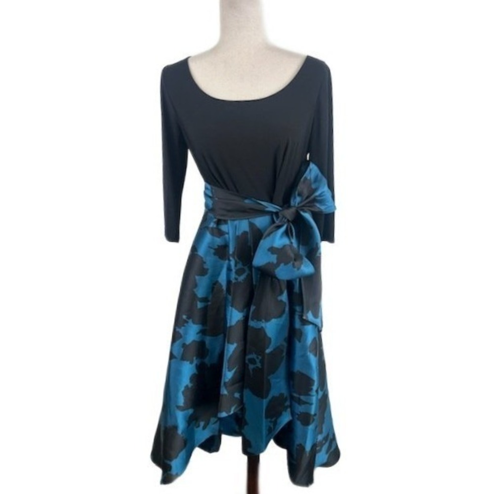 R M Richards Dress Women's Size 8 Black Teal Brocade Taffeta Floral